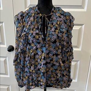 Topshop Floral Blouse - Black, Blue, Yellow and Lavender Sz M